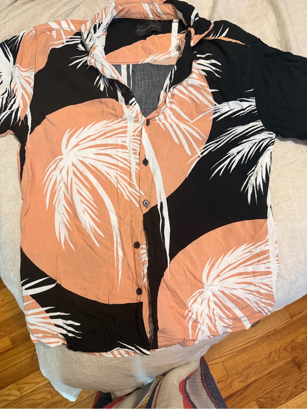 No Boundaries Peach, Black & White Palm-Print Short Sleeve Button-Up